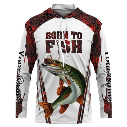 Frenzidea "Born To Fish" Musky Fishing Red Camo Custom Name   Long Sleeve Fishing Shirts