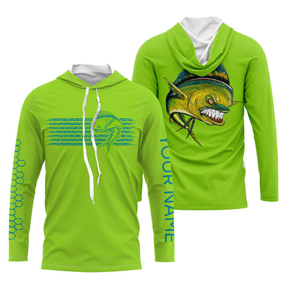 Frenzidea Lime Green Mahi Mahi Fishing Custom Performance Long Sleeve Fishing Shirts