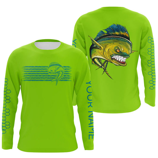 Frenzidea Lime Green Mahi Mahi Fishing Custom Performance Long Sleeve Fishing Shirts