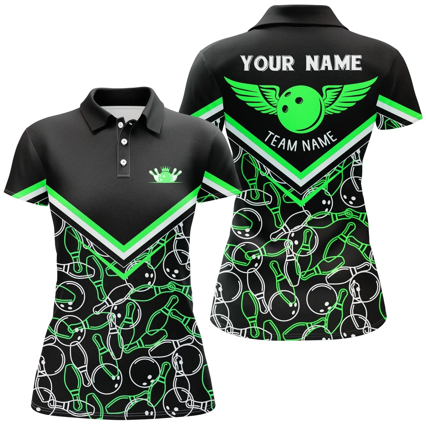 Frenzidea Green Bowling Ball And Pins Pattern Premium Customized Name 3D Shirt For Women