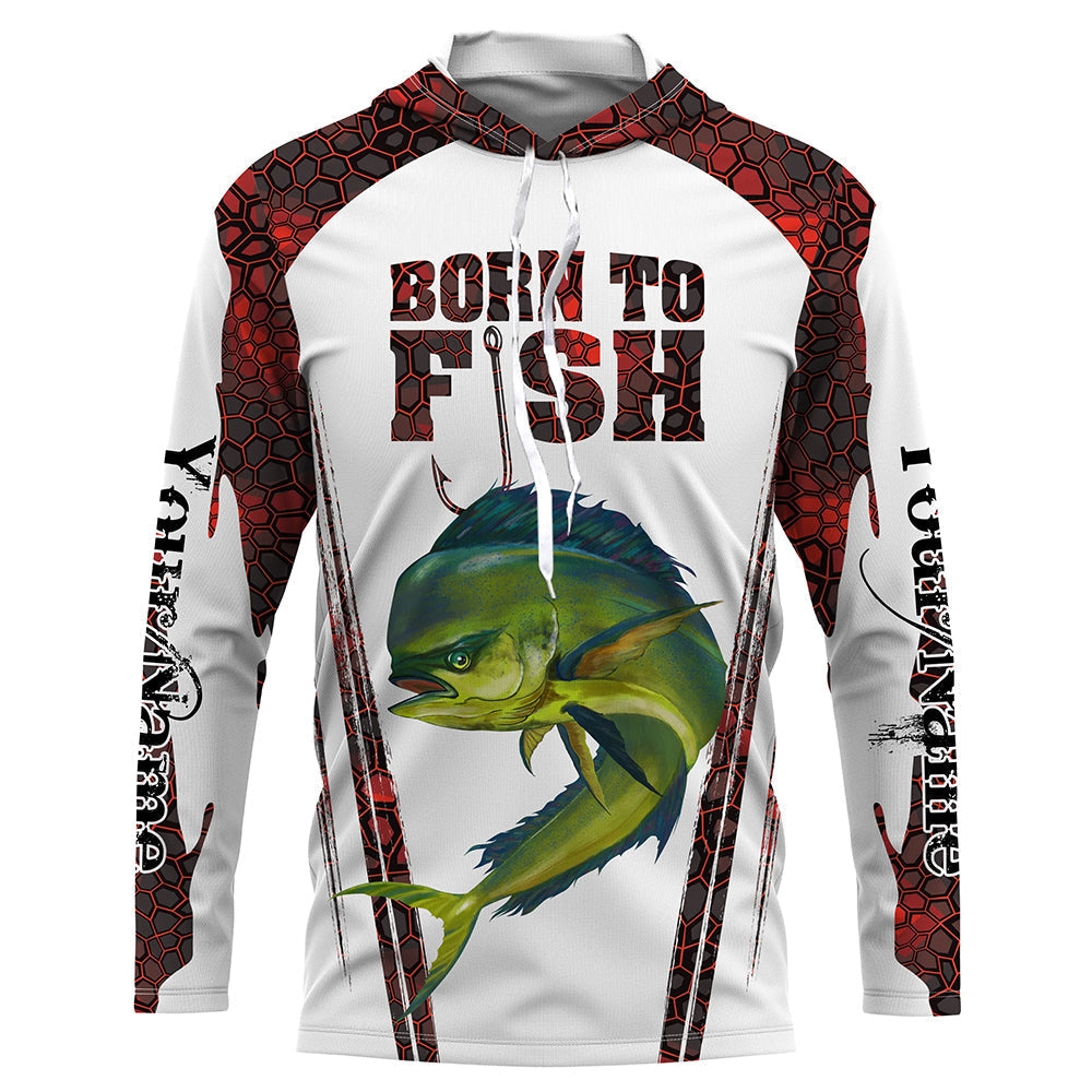 Frenzidea "Born To Fish" Mahi Mahi Fishing Red Camo Custom Name   Long Sleeve Fishing Shirts