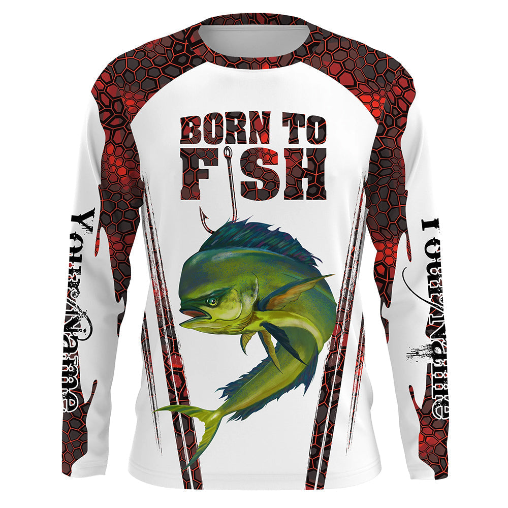 Frenzidea "Born To Fish" Mahi Mahi Fishing Red Camo Custom Name   Long Sleeve Fishing Shirts