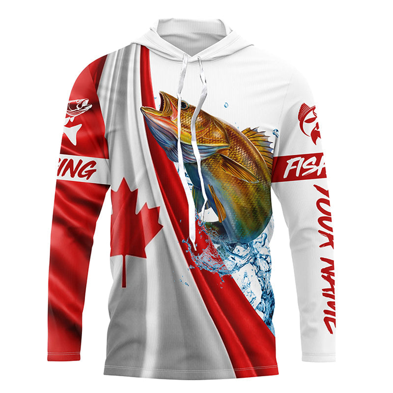 Frenzidea Canadian Flag Patriotic Walleye Fishing Custom Name 3D Long Sleeve Fishing Shirts