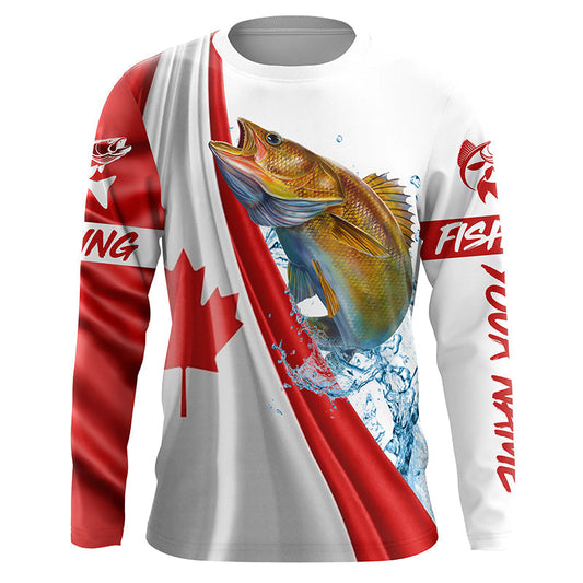 Frenzidea Canadian Flag Patriotic Walleye Fishing Custom Name 3D Long Sleeve Fishing Shirts