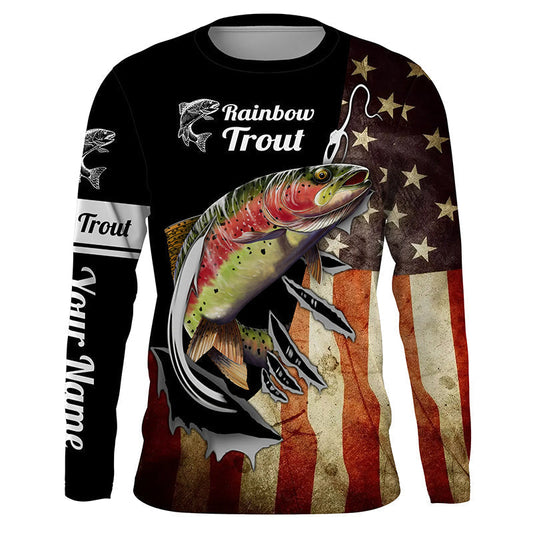 Frenzidea Rainbow Trout Fishing Fish Hook American Flag Patriot Custom Name 3D Shirts