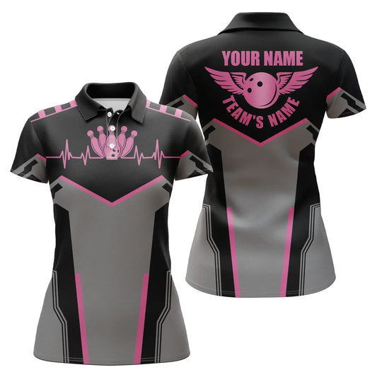 Frenzidea Grey Pink Bowling Ball And Pins Premium Customized Name 3D Shirt For Women