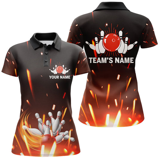 Frenzidea Flame Bowling Ball And Pins Customized Name All Over Printed Shirt For Women