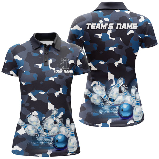 Frenzidea Blue Camo Bowling Premium Customized Name 3D Shirt For Women