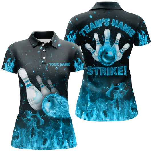 Frenzidea Strike Bowling Cyan Flames Personalized All Over Printed Shirt For Women
