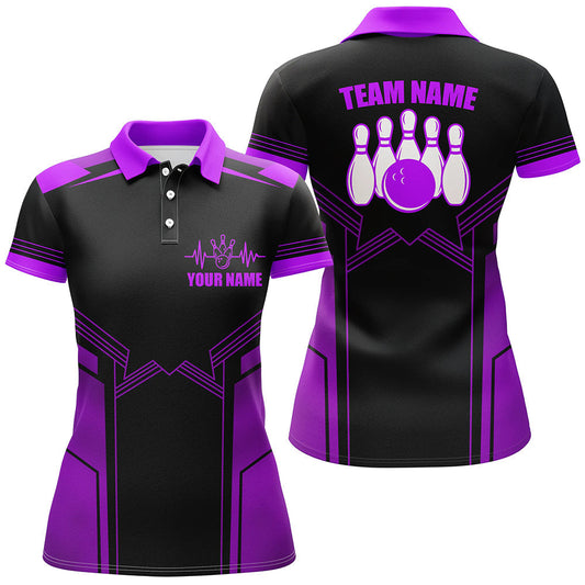 Frenzidea Purple Bowling Ball And Pins Premium Customized Name 3D Shirt For Women
