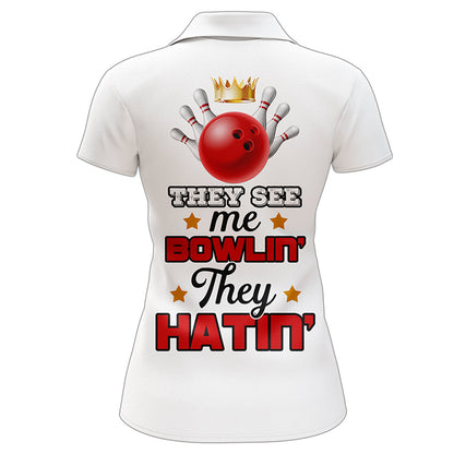 Frenzidea Red & White Bowling Funny They See Me Bowlin' They Hatin' Premium Customized Name 3D Shirt For Women