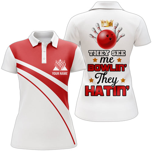 Frenzidea Red & White Bowling Funny They See Me Bowlin' They Hatin' Premium Customized Name 3D Shirt For Women