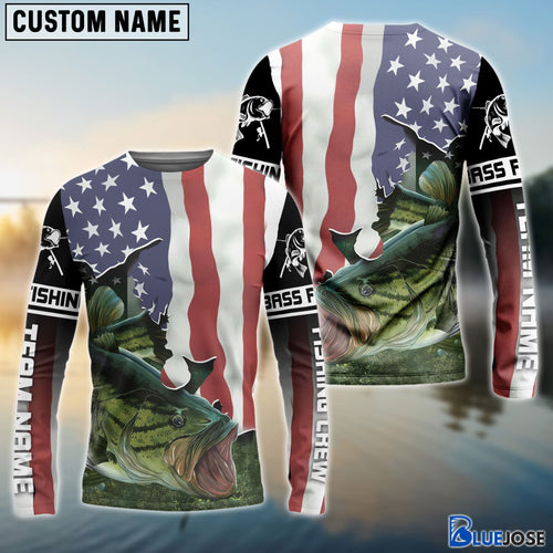 Frenzidea Bass Fishing Crew 3D Flying American Flag Patriot Customize Name 3D Shirts