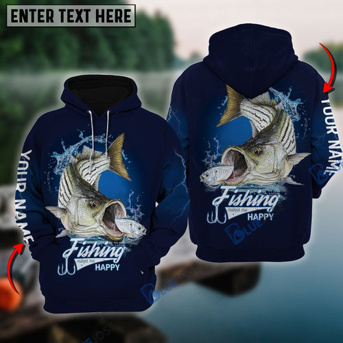 frenzidea Fishing Makes Me Happy Striped Bass Fishing 3D Hoodie