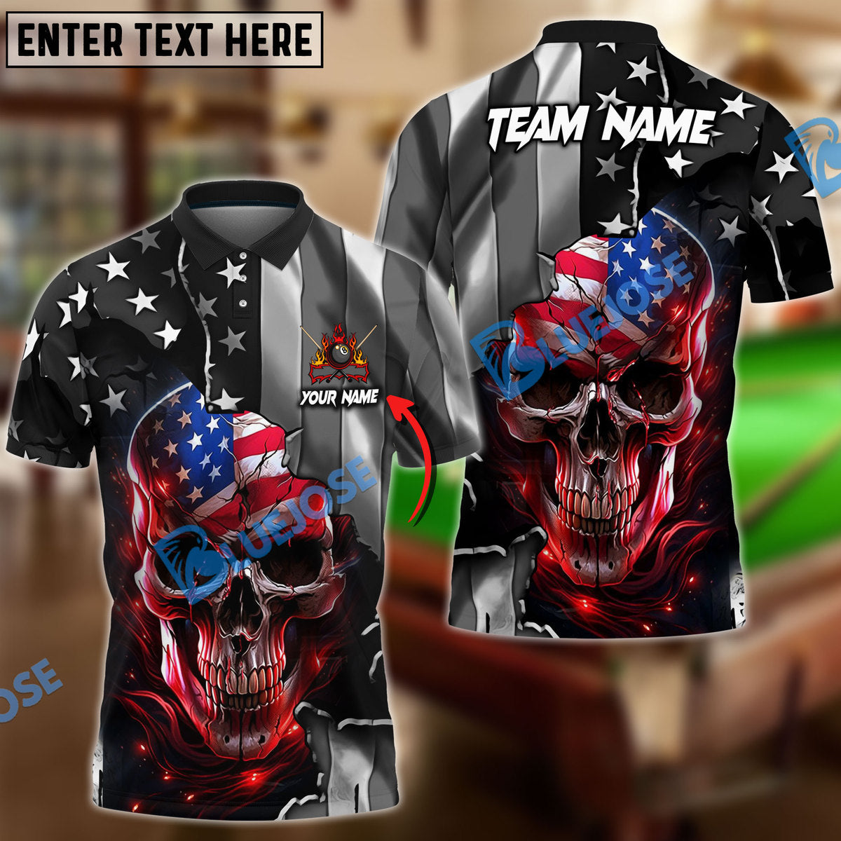 Frenzidea Billiard Ball 8 American Skull Metal Art Personalized Name, Team Name Unisex Shirt