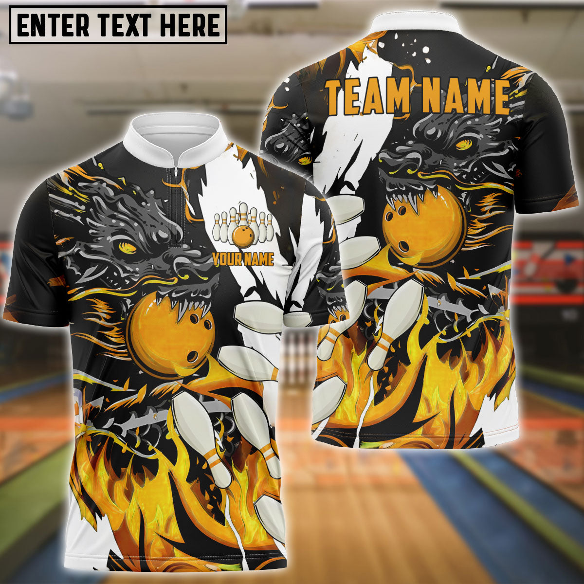 Frenzidea Bowling And Pins Dragon Flame Pattern Customized Name 3D Shirt ( 6 Colors)