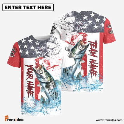 Frenzidea Striped Bass Fishing American Flag Red Blue Seawave Custom Name & Team Name 3D Shirts