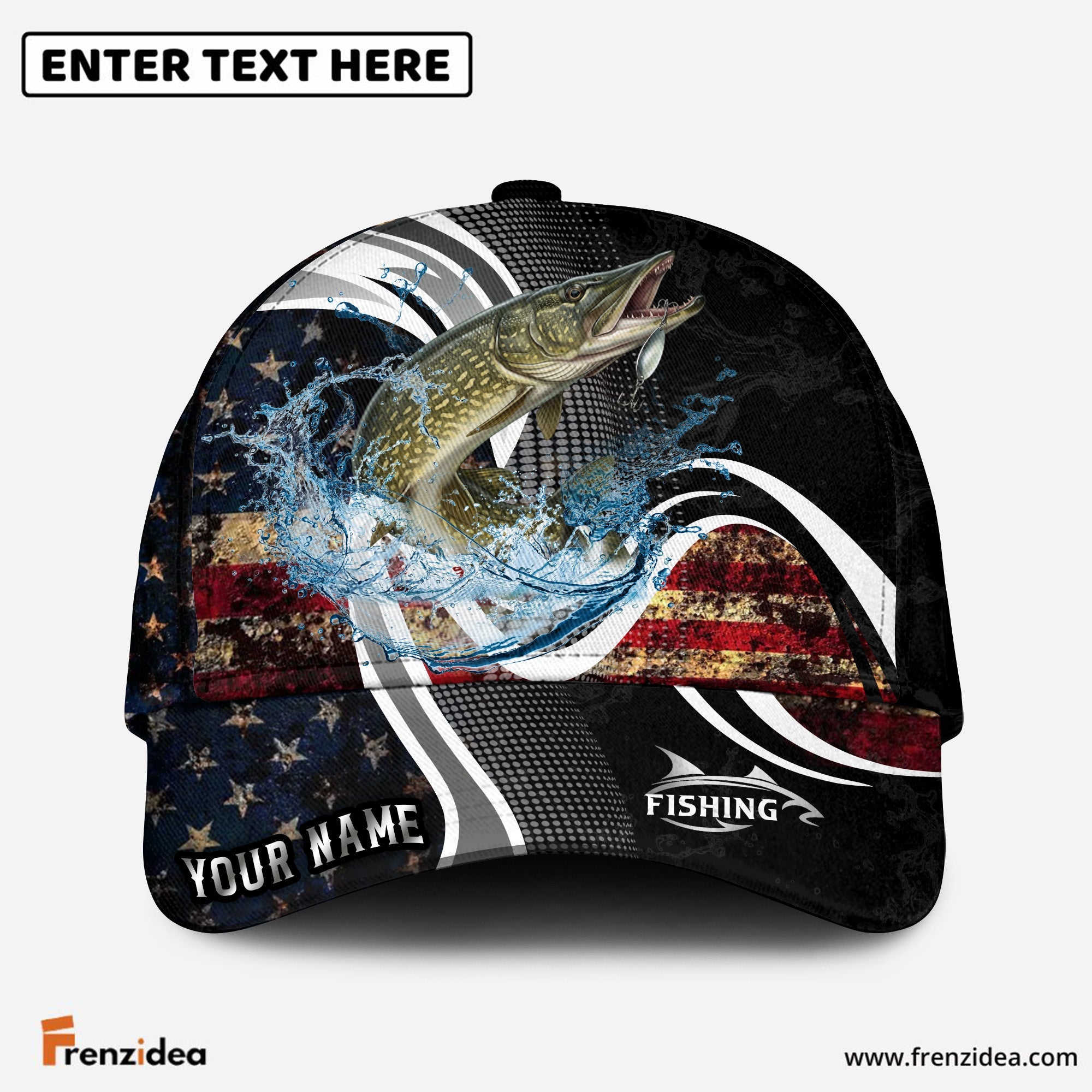 (12 Breeds) Frenzidea Fishing Dark Vintage American Flag Customized Name 3D Cap