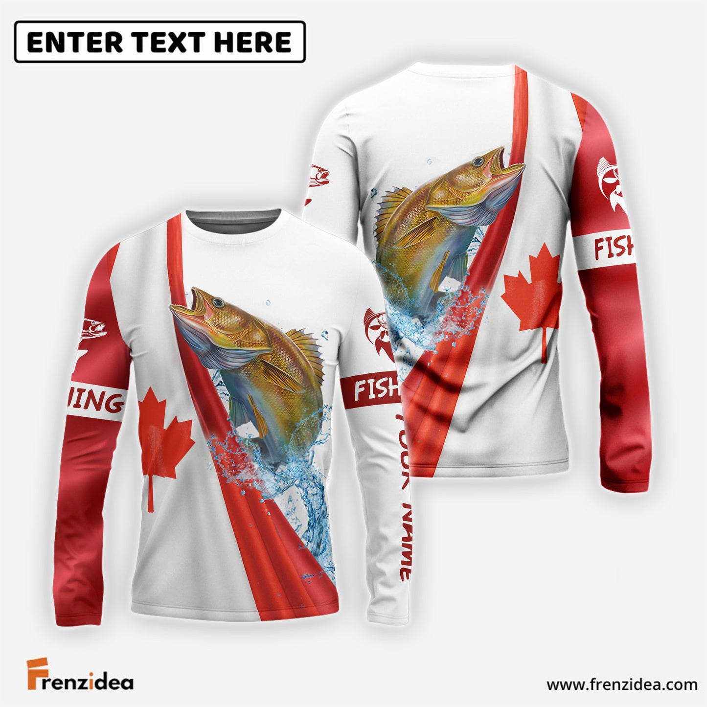 Frenzidea Canadian Flag Patriotic Walleye Fishing Custom Name 3D Long Sleeve Fishing Shirts