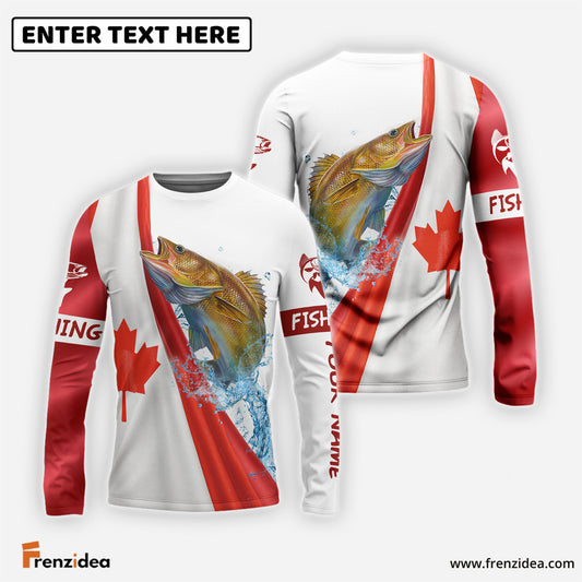 Frenzidea Canadian Flag Patriotic Walleye Fishing Custom Name 3D Long Sleeve Fishing Shirts