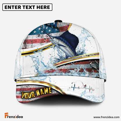 (12 Breeds) Frenzidea Fishing Heartbeat – Gold Line American Flag Customized Name 3D Cap