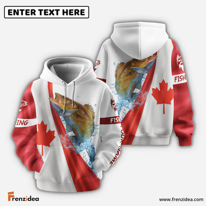 Frenzidea Canadian Flag Patriotic Walleye Fishing Custom Name 3D Long Sleeve Fishing Shirts