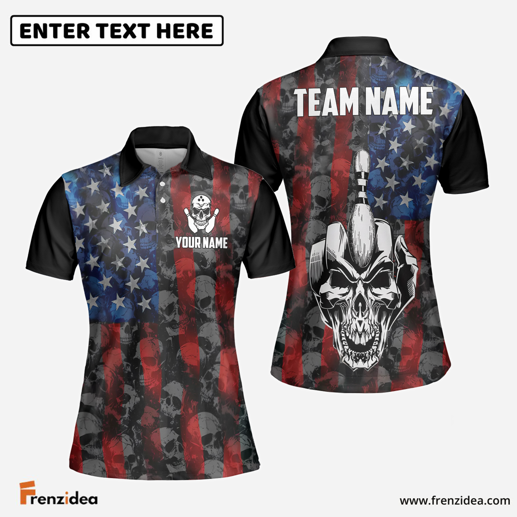 Frenzidea Bowling American Flag Skull Middle Finger Personalized Shirt