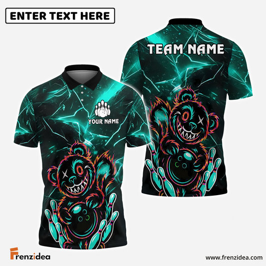 Frenzidea Bowling And Pins Crazy Bear with Ball & Pins Customized Name 3D Shirt (4 Colors)