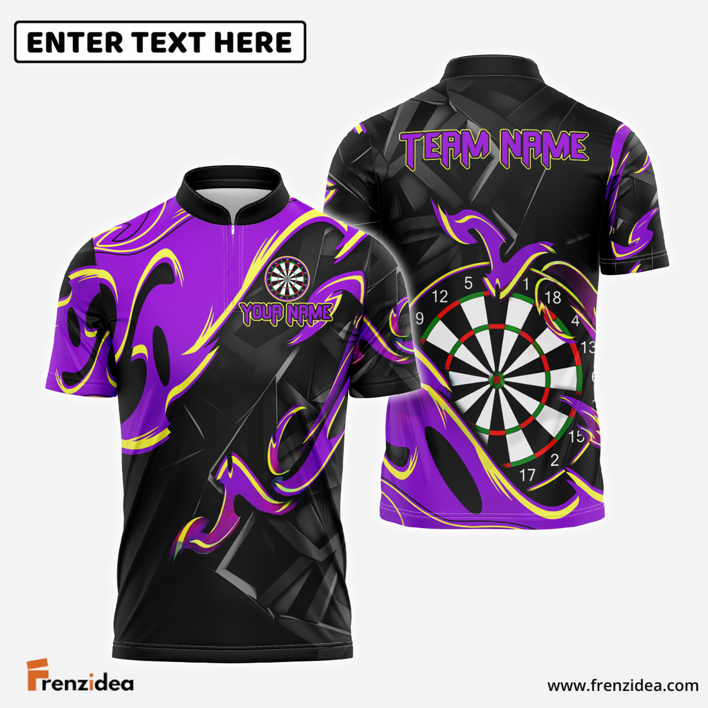 Frenzidea Darts Animated Fire Personalized Name, Team Name Shirt (4 Colors)