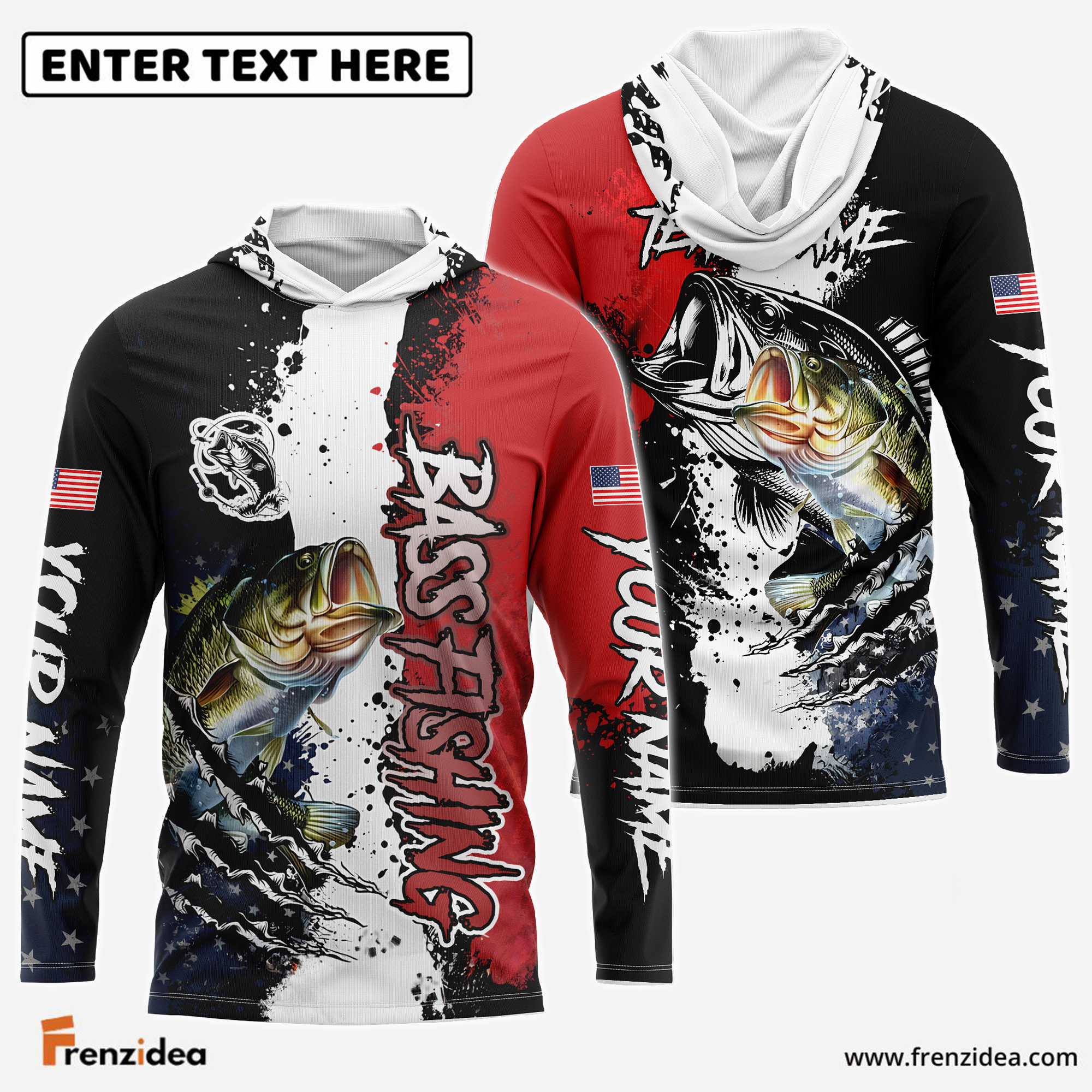 Frenzidea Bass Fishing Paint Scratch American Flag scratch Sport Custom Name & Team Name 3D Shirts