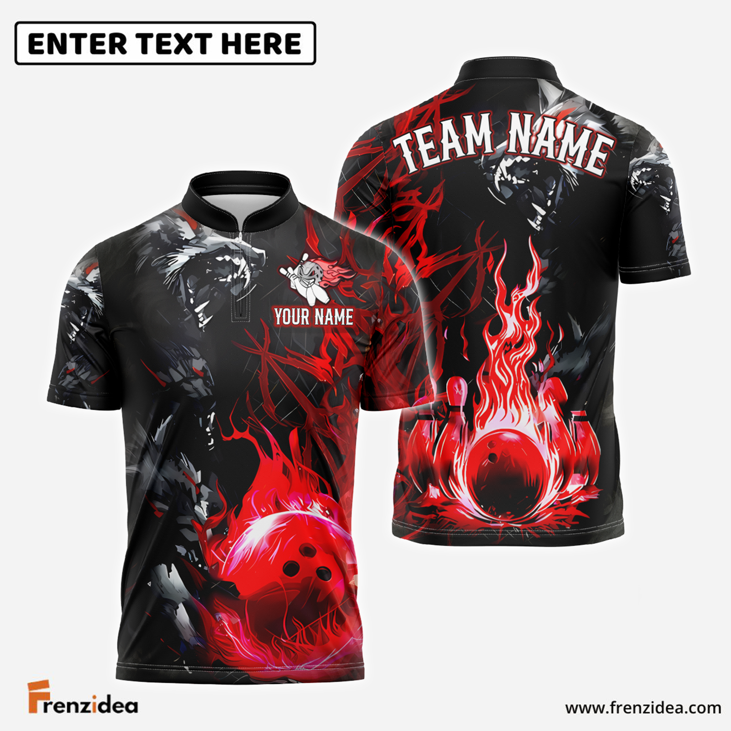 Frenzidea Bowling And Pins Flame Wolf Multicolor Customized Name 3D Shirt ( 4 Colors )