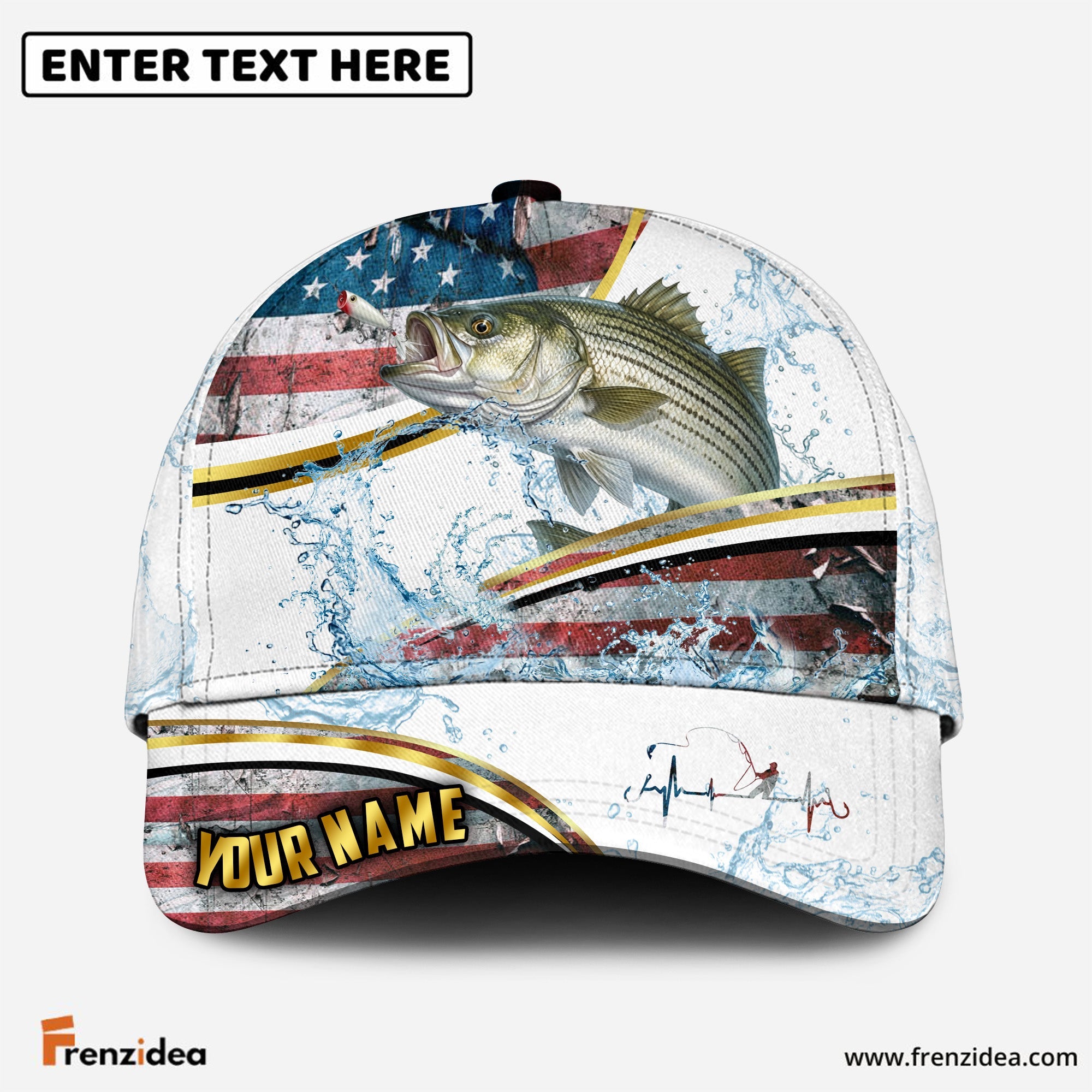 (12 Breeds) Frenzidea Fishing Heartbeat – Gold Line American Flag Customized Name 3D Cap