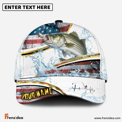 (12 Breeds) Frenzidea Fishing Heartbeat – Gold Line American Flag Customized Name 3D Cap