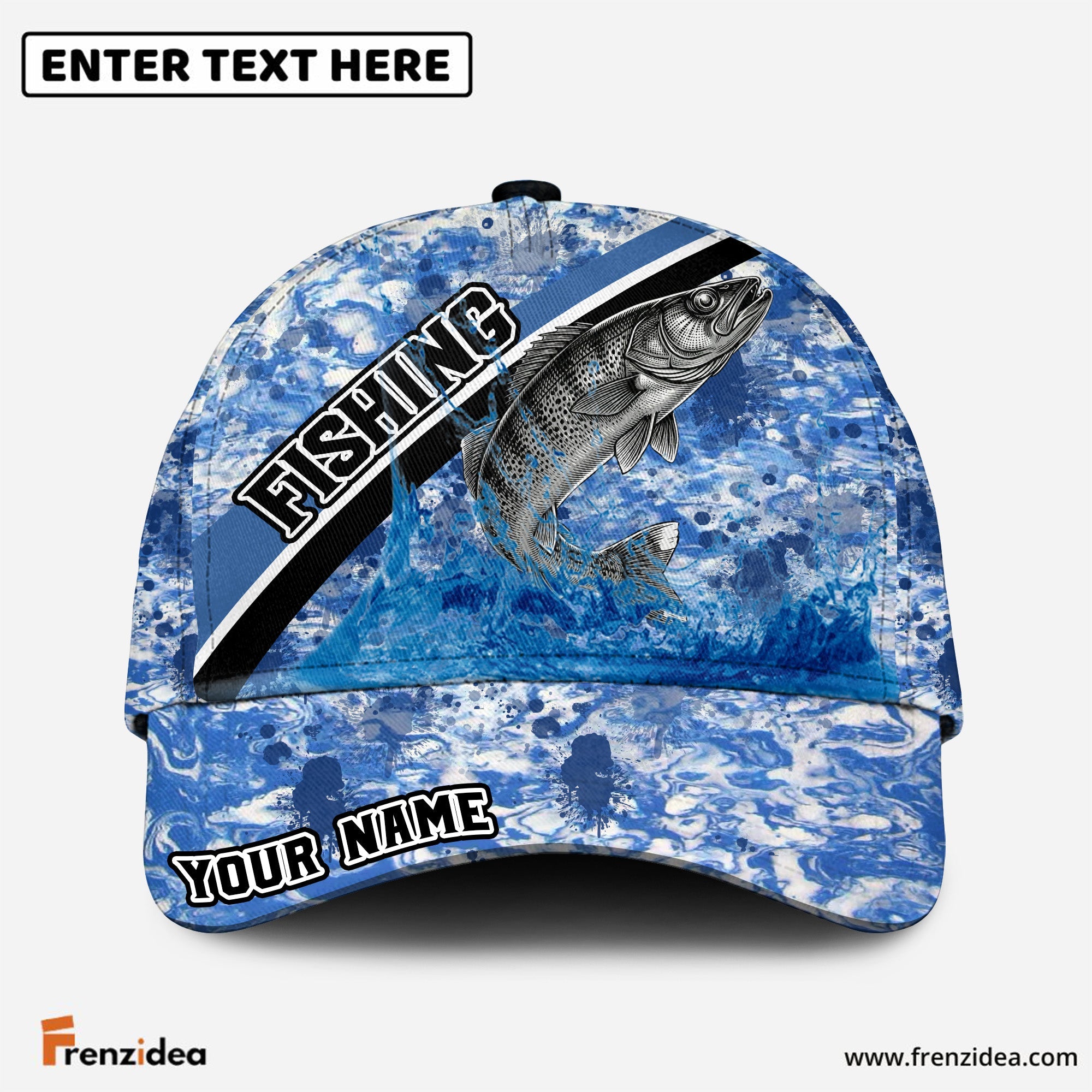 (10 Breeds) Frenzidea Blue Ocean Marble Fishing Customized Name 3D Cap