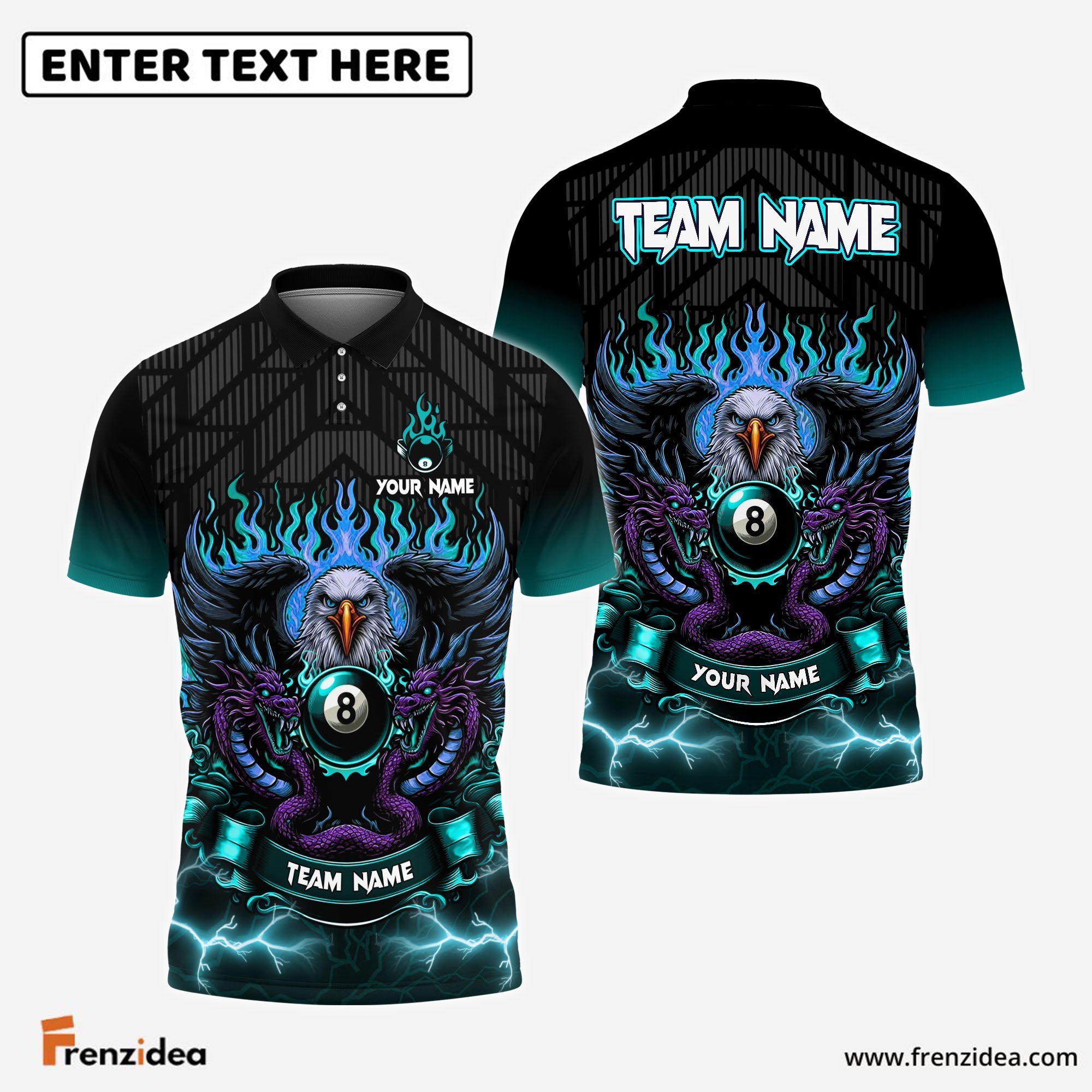 Frenzidea Billiards Ball 8 Eagle Dragon Personalized Name, Team Name Unisex Shirt (4 Colors)