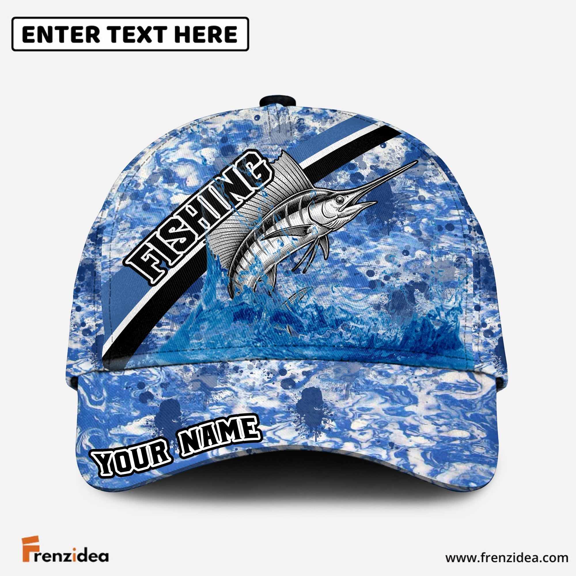 (10 Breeds) Frenzidea Blue Ocean Marble Fishing Customized Name 3D Cap