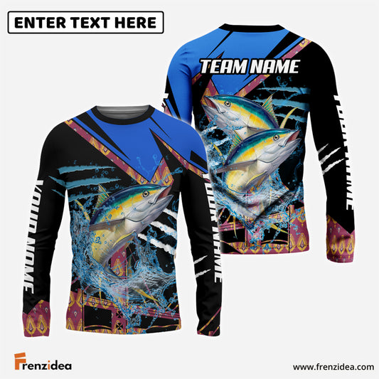 Frenzidea Tuna Fishing Blue Brocade Pattern Custom Name & Team Name 3D Shirts