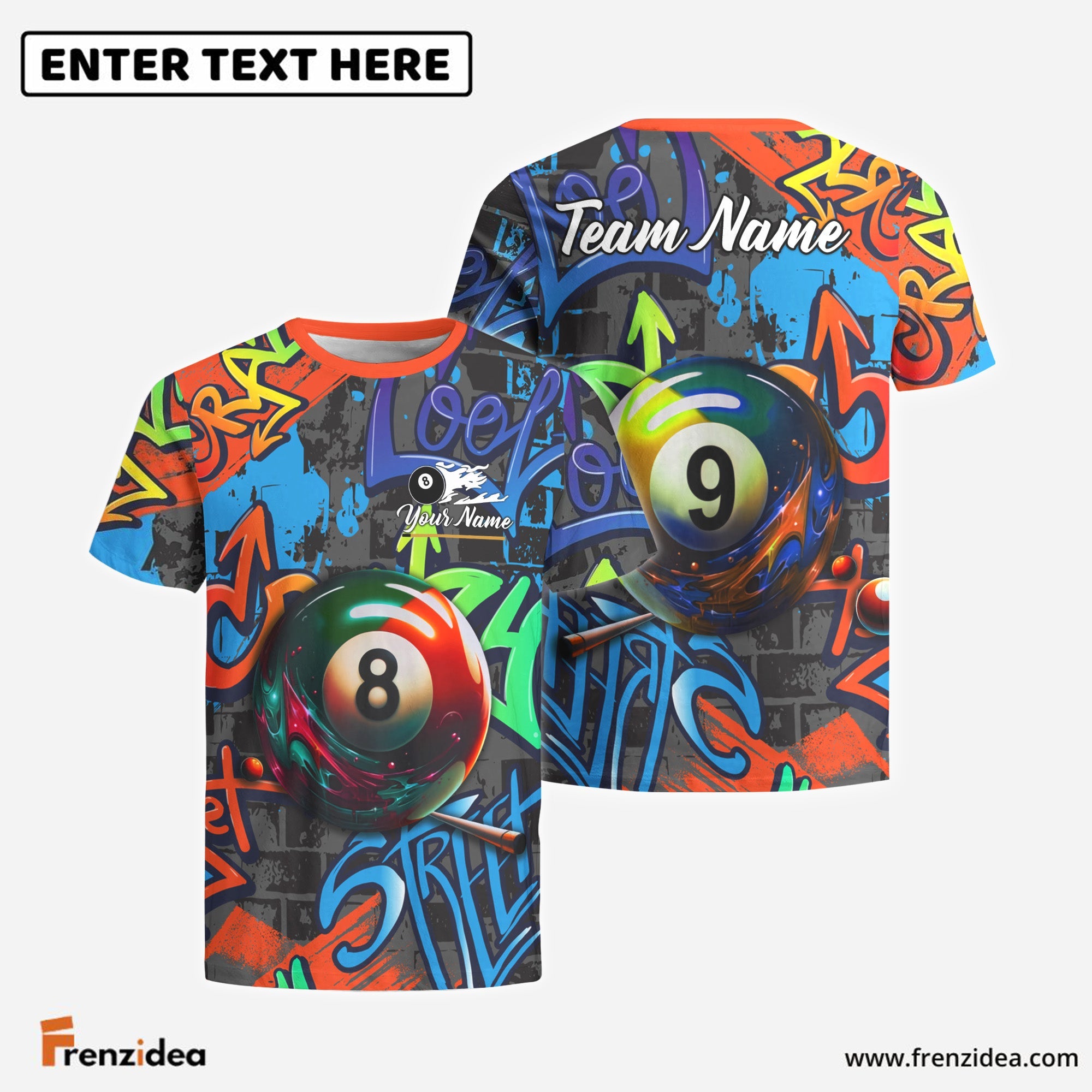 Frenzidea Billiards Ball 8 & Ball 9 Graffiti Street Personalized Name Shirt (S)