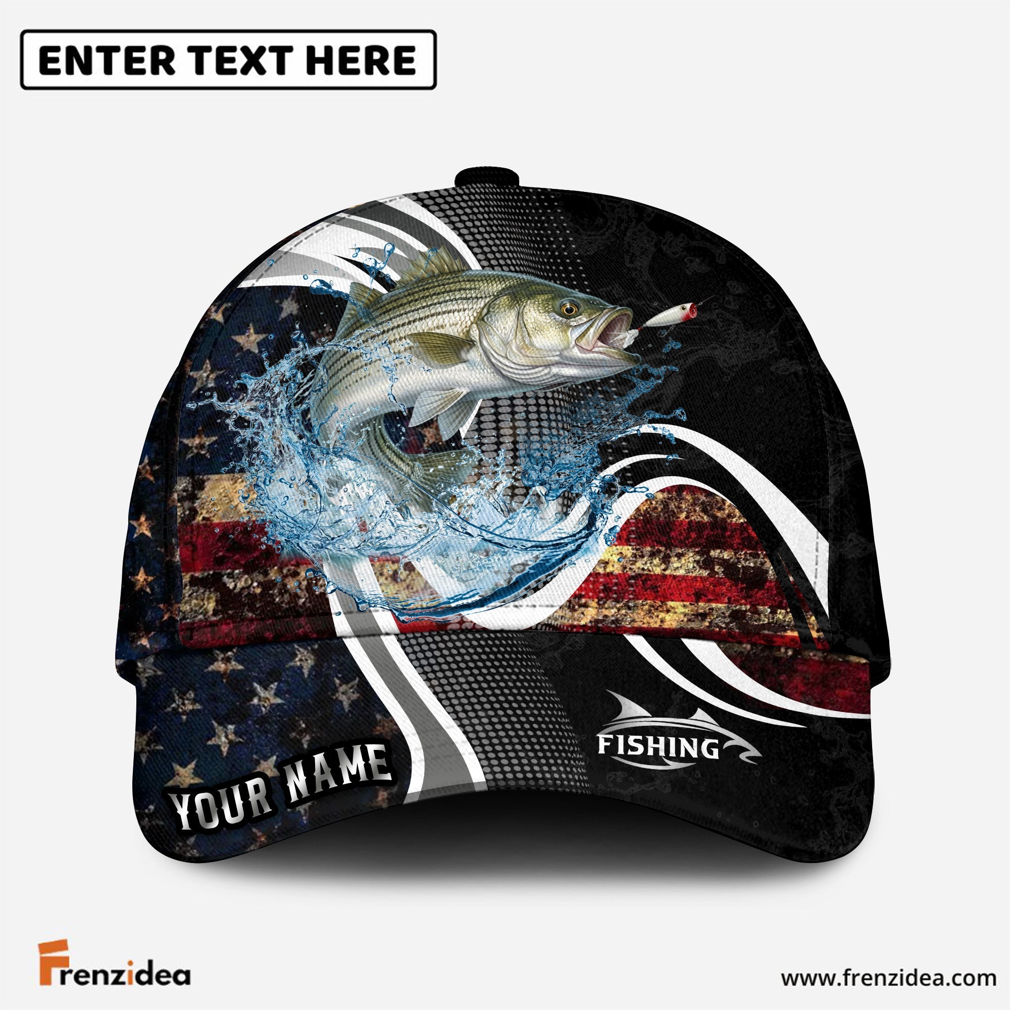 (12 Breeds) Frenzidea Fishing Dark Vintage American Flag Customized Name 3D Cap