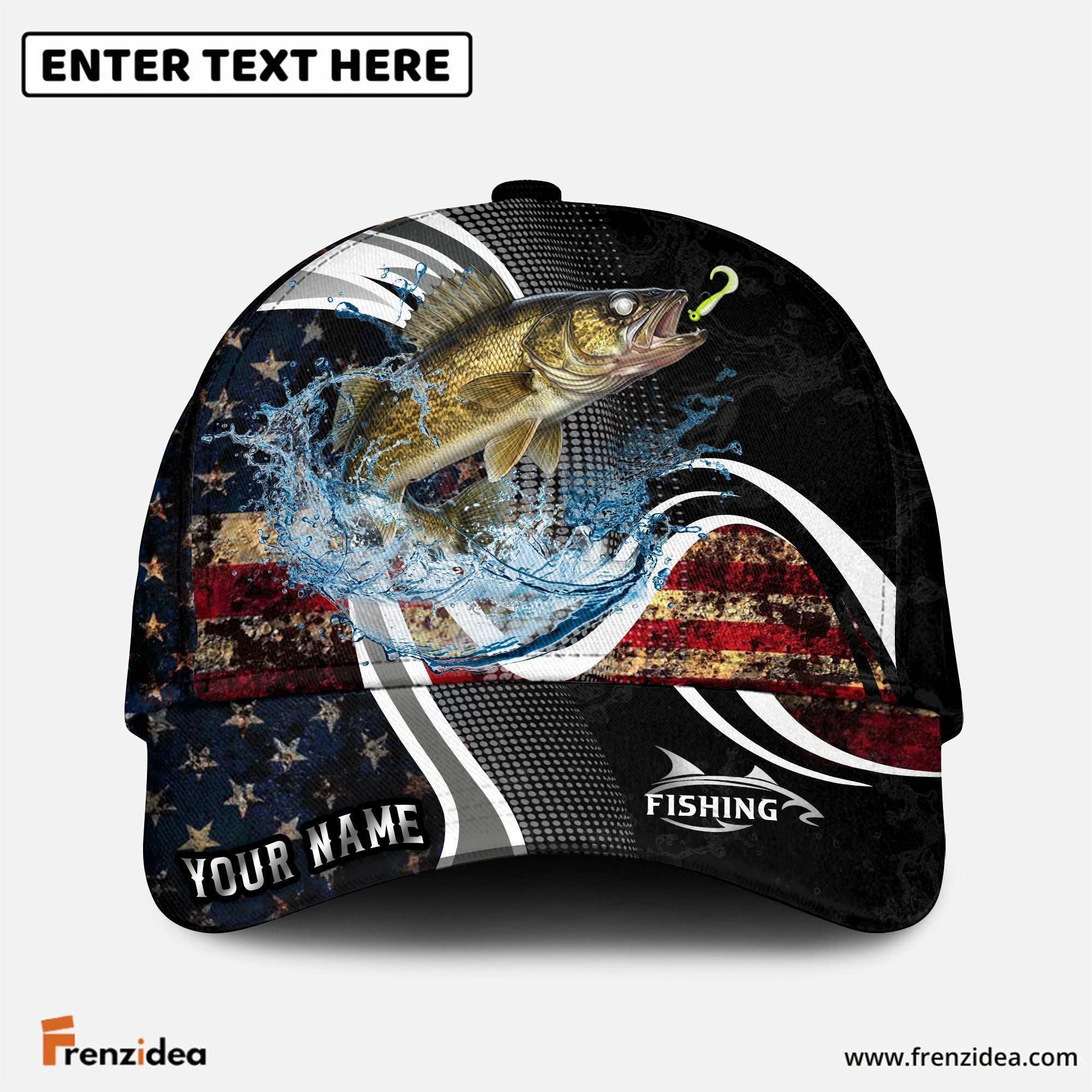 (12 Breeds) Frenzidea Fishing Dark Vintage American Flag Customized Name 3D Cap