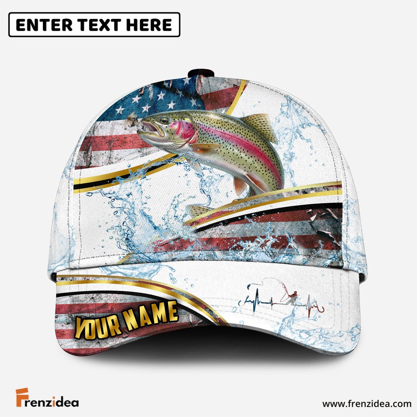 (12 Breeds) Frenzidea Fishing Heartbeat – Gold Line American Flag Customized Name 3D Cap