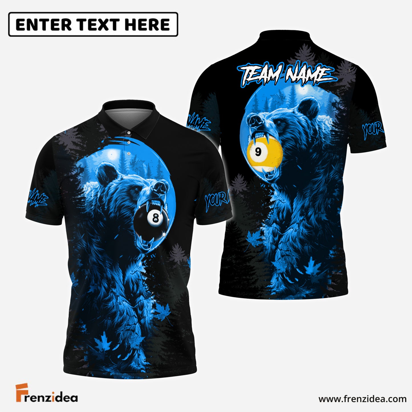 Frenzidea Billiards Ball 8 & Ball 9 Bear Forest Personalized Name, Team Name Unisex Shirt (4 Colors)