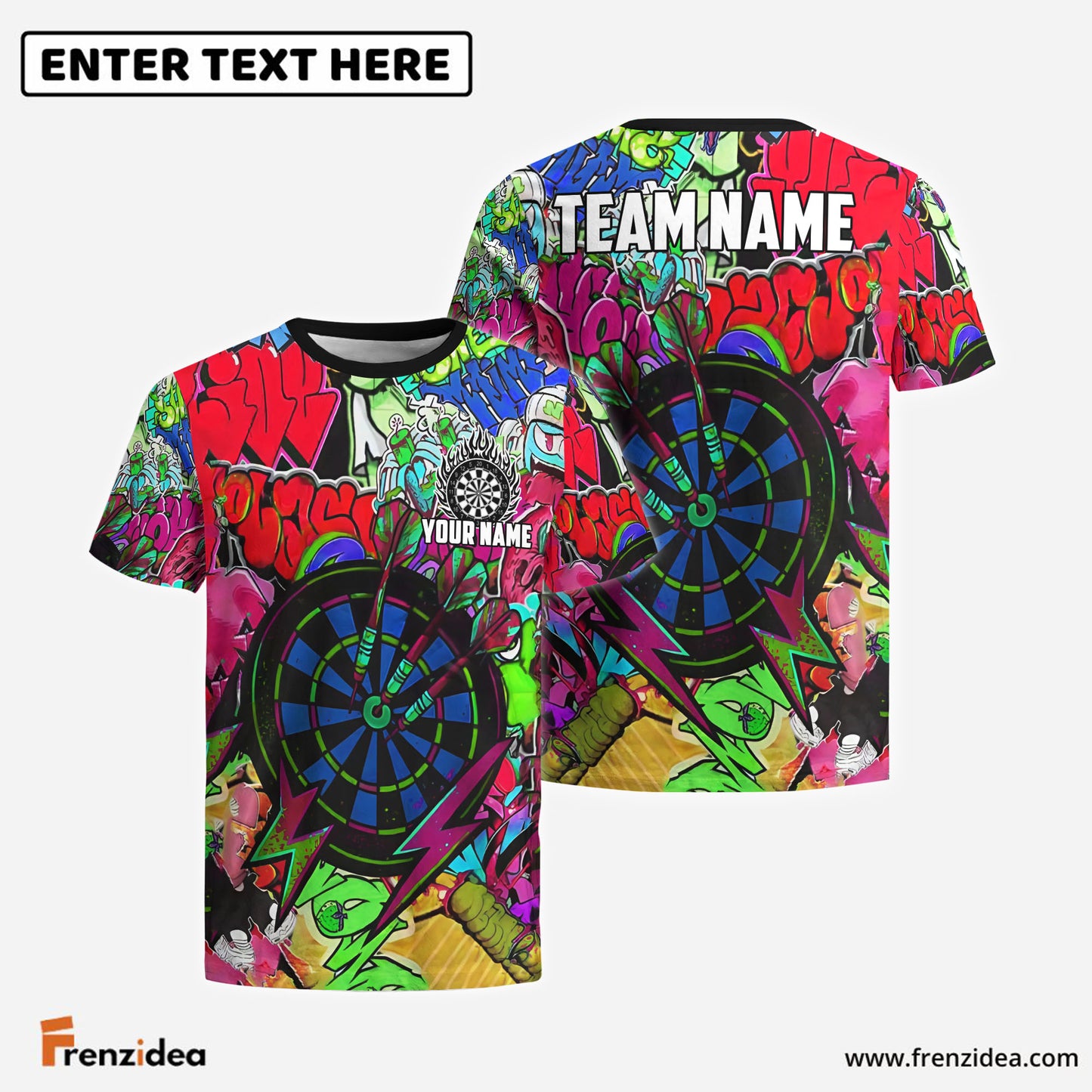 Frenzidea Darts Urban Graffiti Dartboard Fire Personalized Name, Team Name Shirt (4 Colors)
