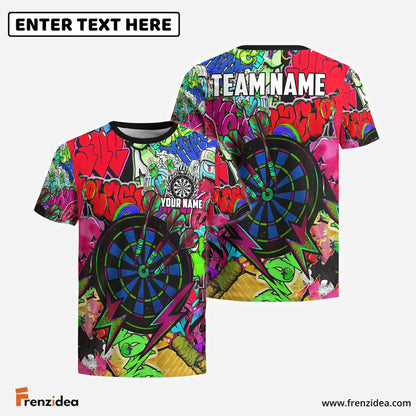 Frenzidea Darts Urban Graffiti Dartboard Fire Personalized Name, Team Name Shirt (4 Colors)