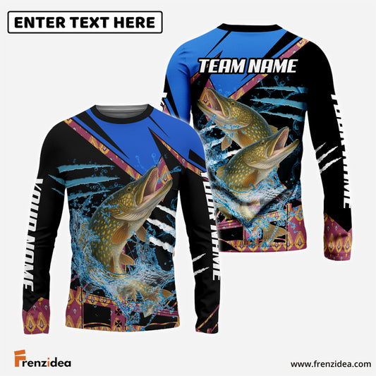 Frenzidea Pike Fishing Blue Brocade Pattern Custom Name & Team Name 3D Shirts