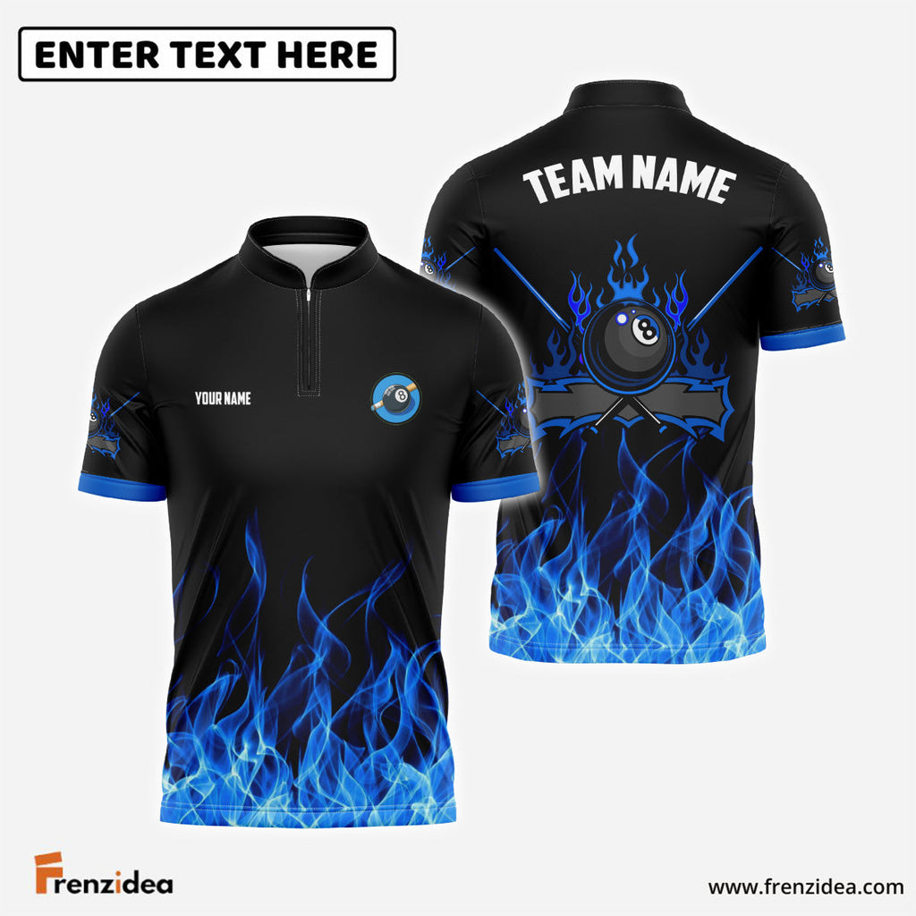 Frenzidea Personalized Billiards 8-Ball Blue Fire Pattern Shirt