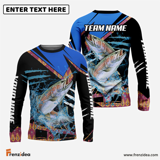 Frenzidea Trout Fishing Blue Brocade Pattern Custom Name & Team Name 3D Shirts