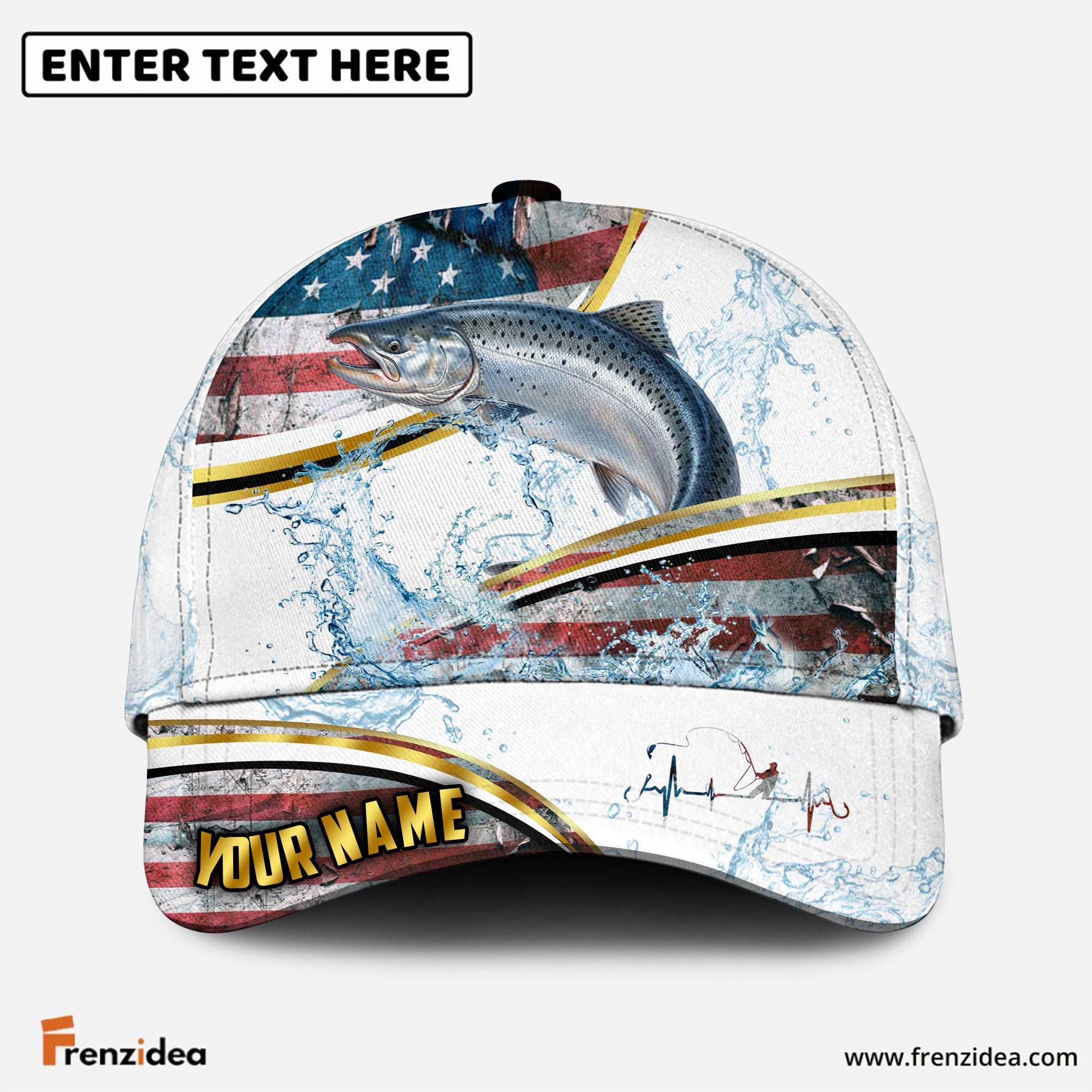 (12 Breeds) Frenzidea Fishing Heartbeat – Gold Line American Flag Customized Name 3D Cap