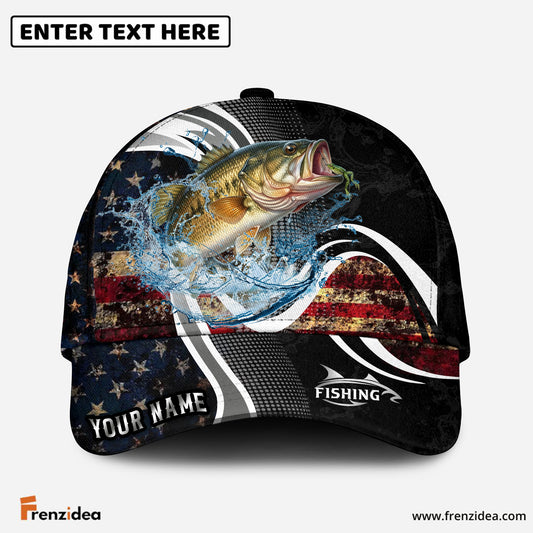 (12 Breeds) Frenzidea Fishing Dark Vintage American Flag Customized Name 3D Cap