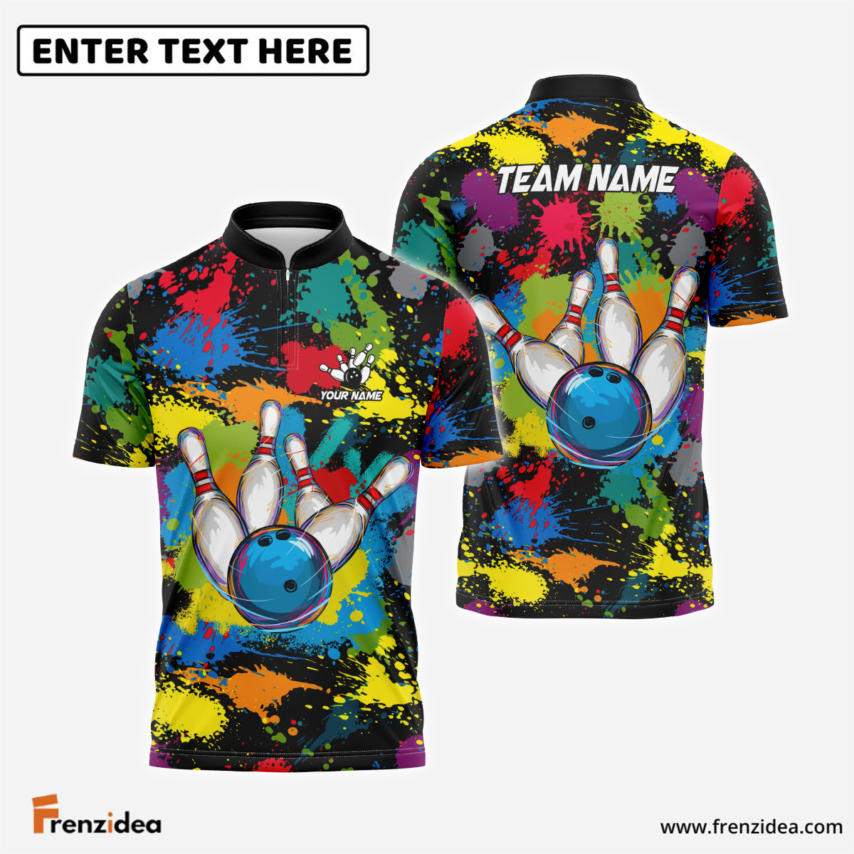 Frenzidea Bowling Coloful Ink Pattern Customized Name, Team Name 3D Shirt